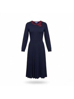Draper James Womens Navy Pleated Dress With Red Trim Bow Accent Size M